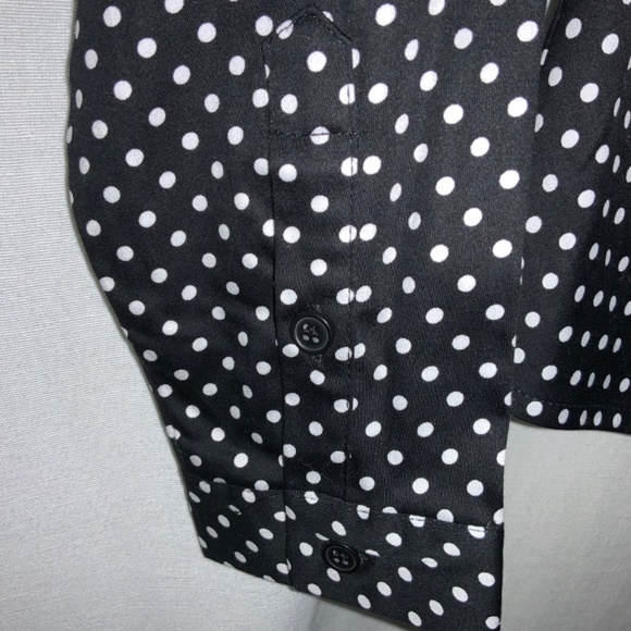 New York & company stretch blouse Sz S ruched Collar polka dot - Picture 5 of 8